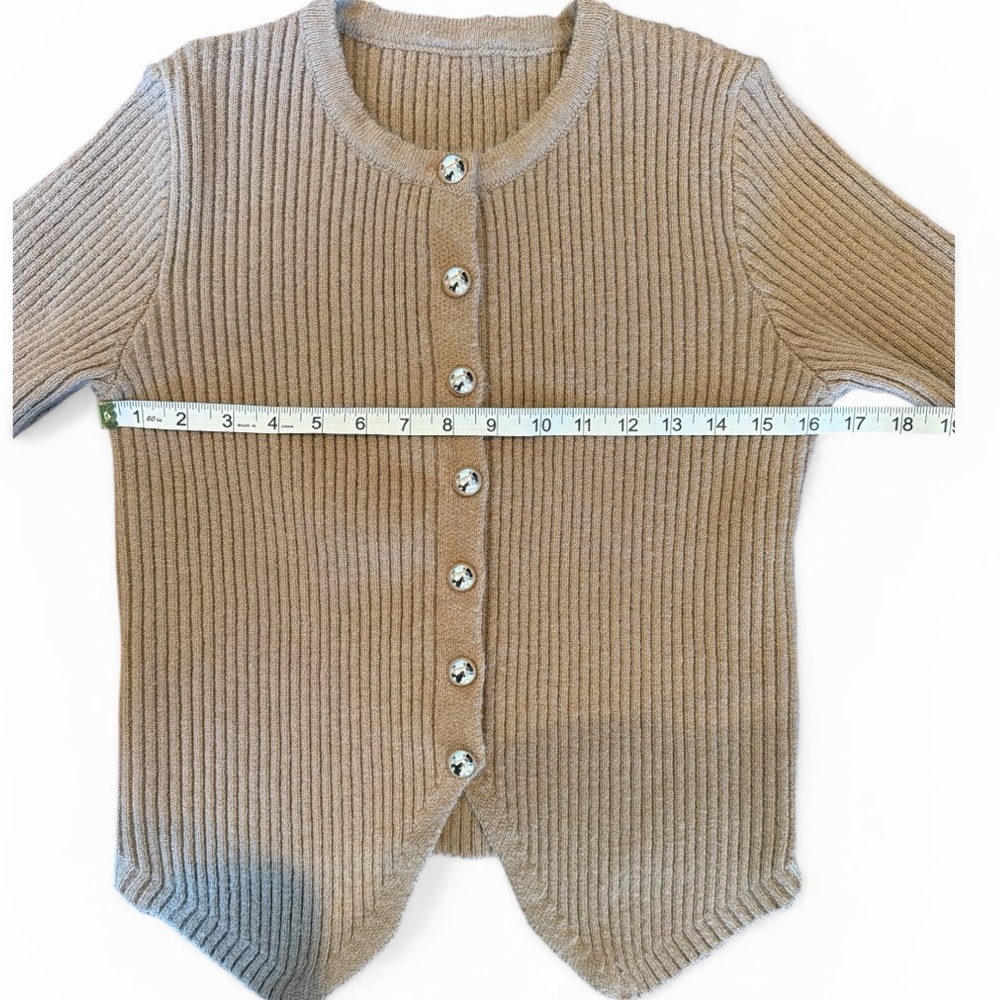 Commense Ribbed Cardigan Camel Button Front Split Hem Minimalist Size S - Picture 12 of 12